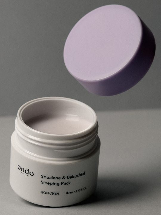 Open jar of Ondo Beauty Squalane & Bakuchiol Sleeping Pack on a grey background