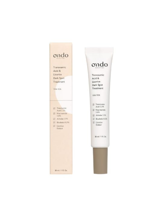 Tube of Ondo Beauty Tranexamic Acid & Licorice Dark Spot Treatment with its retail box on a white background