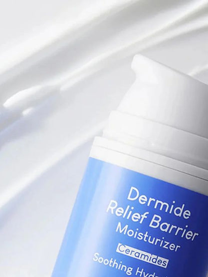 Close up of label from Purito Dermide Relief Barrier Moisturizer on a white creamy texture background