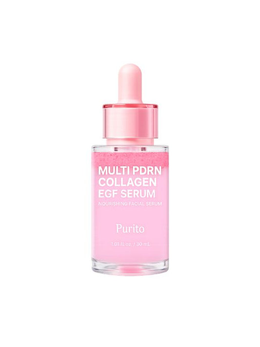Pink Purito Multi PDRN Collagen EGF Serum bottle on a white background