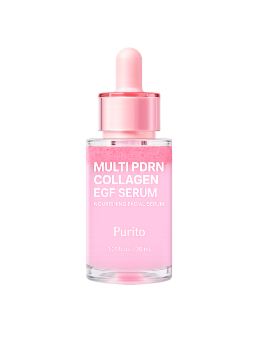 Pink Purito Multi PDRN Collagen EGF Serum bottle on a white background