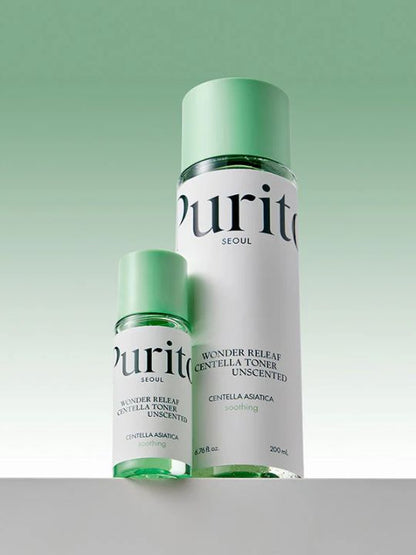 Two different sized bottles of Purito Seoul Wonder Releaf Centella Toner on a gradient green background