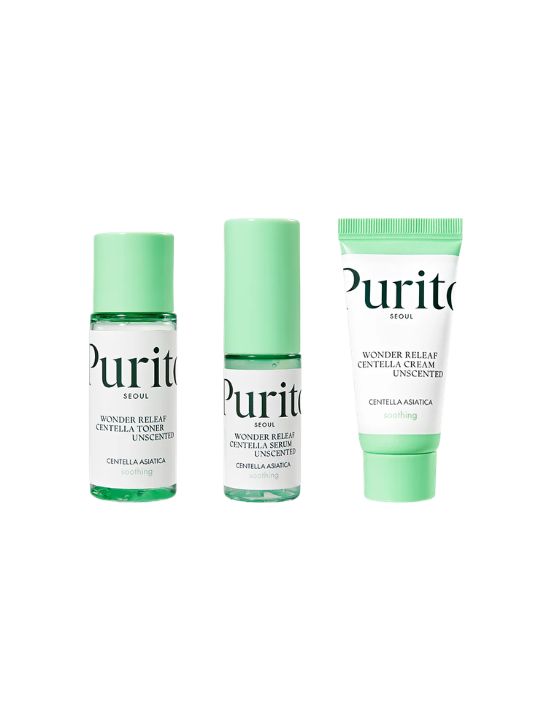 Three mini bottles of Purito Wonder Releaf Centella Unscented kit on a white background