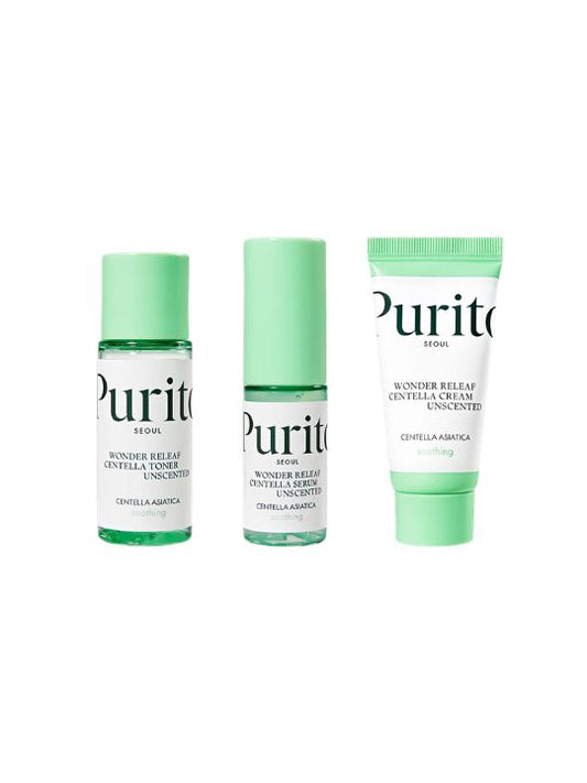 Three mini bottles of Purito Wonder Releaf Centella Unscented kit on a white background