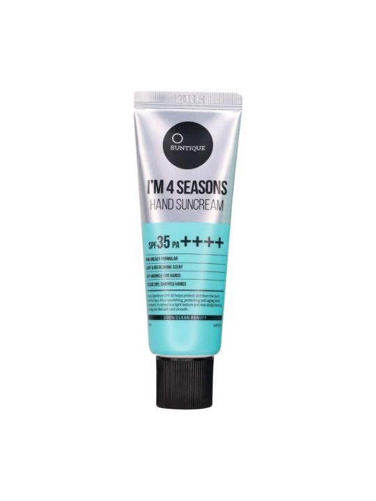 Tube of Suntique I'm 4 Seasons Hand Suncream on a white background