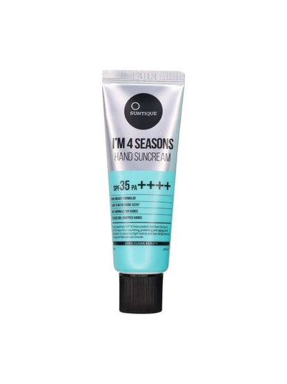 Tube of Suntique I'm 4 Seasons Hand Suncream on a white background