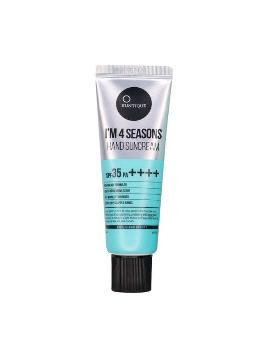 Tube of Suntique I'm 4 Seasons Hand Suncream on a white background