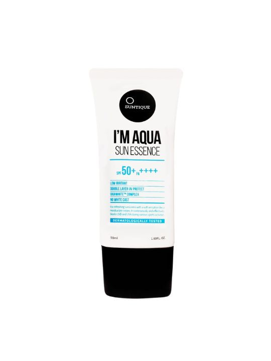 Tube of Suntique I'm Aqua Sun Essence on a white background