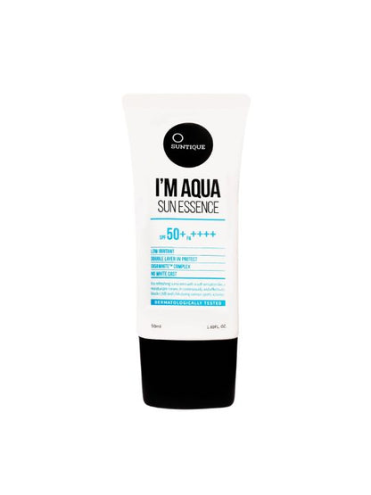 Tube of Suntique I'm Aqua Sun Essence on a white background