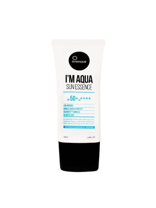 Tube of Suntique I'm Aqua Sun Essence on a white background
