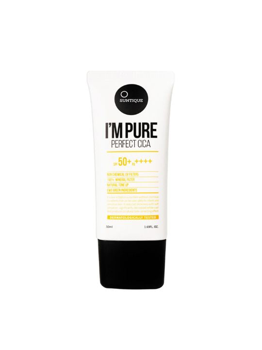 Tube of Suntique I'm Pure Perfect Cica sunscreen on a white background