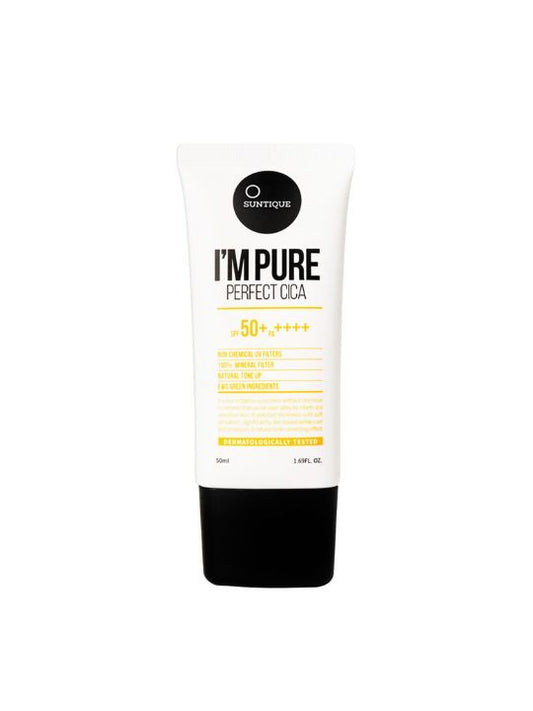 Tube of Suntique I'm Pure Perfect Cica sunscreen on a white background