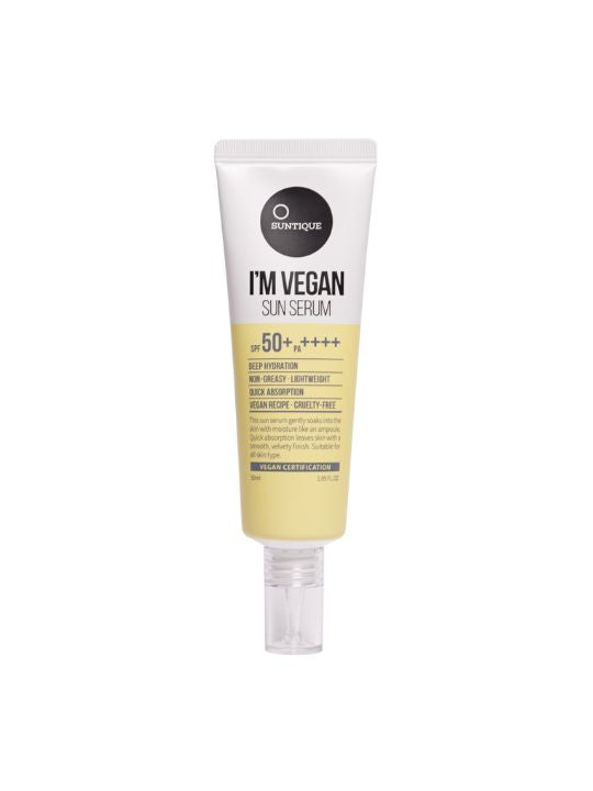 Tube of Suntique I'm Vegan Sun Serum on a white background