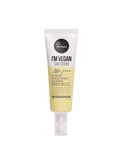 Tube of Suntique I'm Vegan Sun Serum on a white background