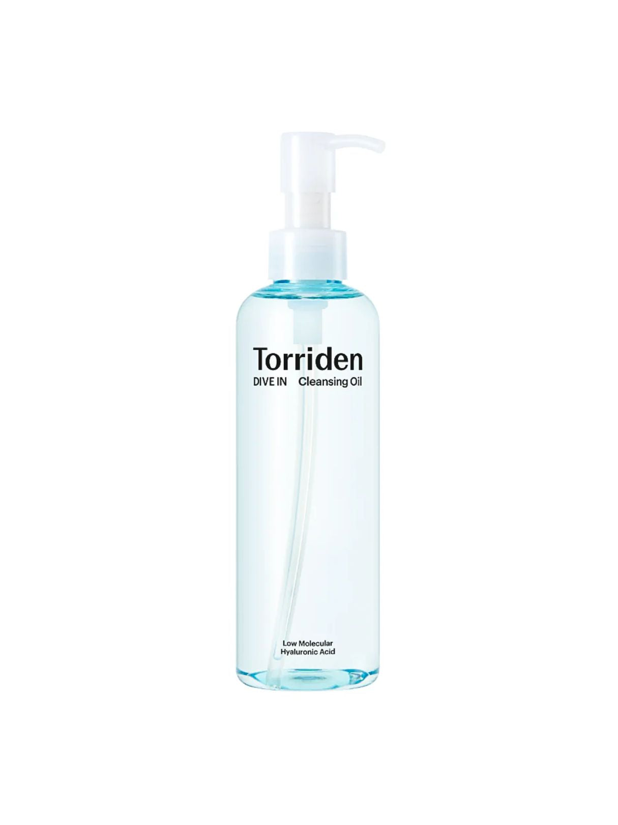 A clear plastic pump bottle of Torriden Dive-In Cleansing Oil with a white pump dispenser, set against a plain white background.