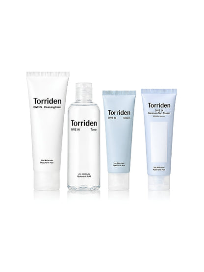 Four Torriden skincare bottles and tubes arranged side by side on a white background: cleansing foam, toner, cream, and sunscreen. 