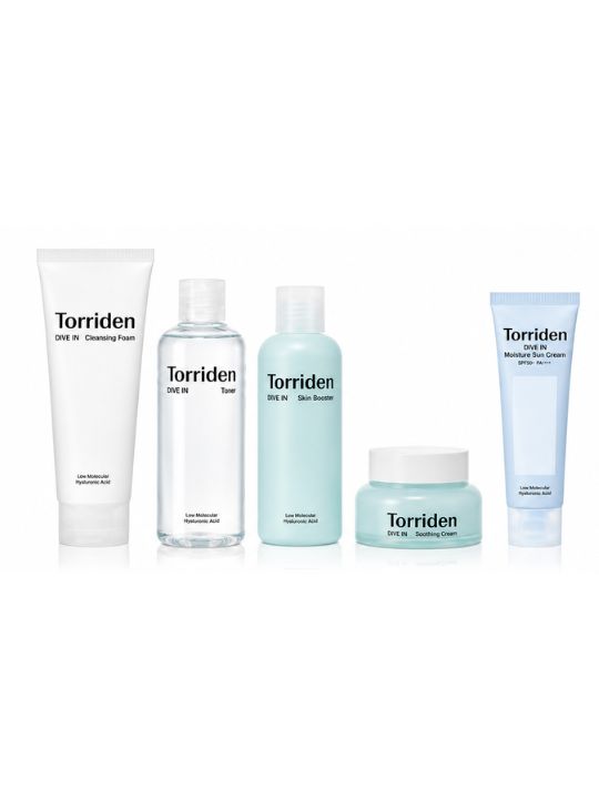 A 5-piece Torriden skincare set arranged on a white background, featuring a white cleansing tube, a clear toner bottle, a light blue skin booster bottle, a light blue treatment cream jar, and a light blue moisturizing cream tube.
