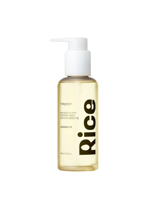 Pump bottle of Vegreen Rice Daily Moisture Pore Cleansing Oil on a white background