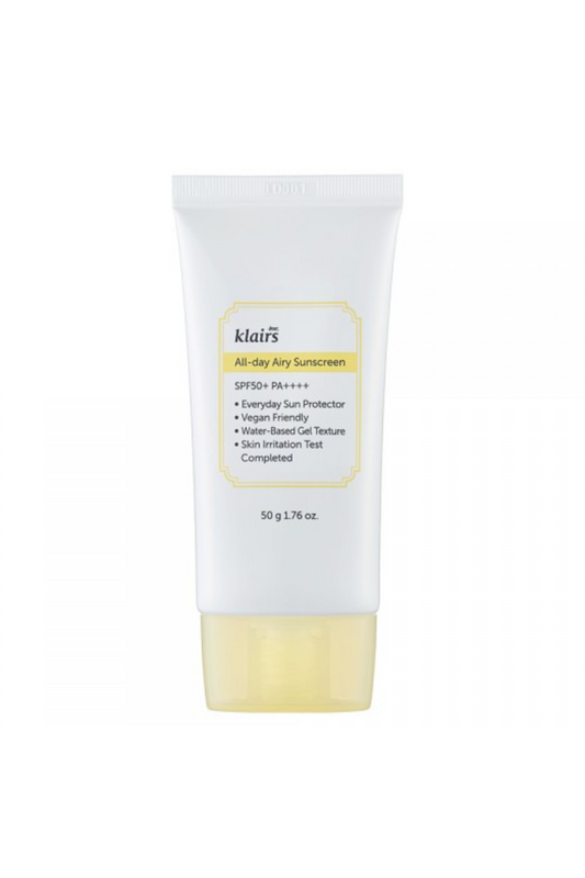 Klairs All Day Airy Sunscreen 50ml white background. Available for purchase at Sinless Skincare.